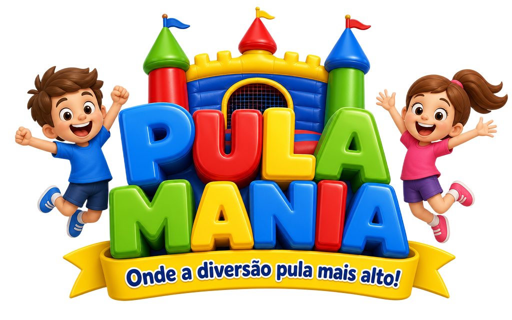 Personagens da Pula Mania pulando ao lado do castelo inflável
